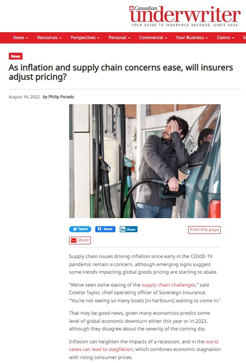 Screenshot of an article in Canadian Underwriter As inflation and supply chain concerns ease, will insurers adjust pricing?